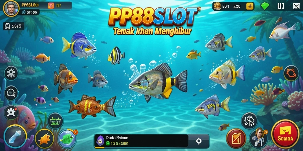 Tampilan gameplay <strong>PP88SLOT</strong> dengan ikan berwarna-warni dan aksi menembak yang seru.